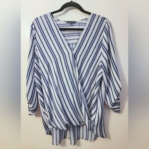 Weat Kei Blue and White Striped V-Neck Blouse